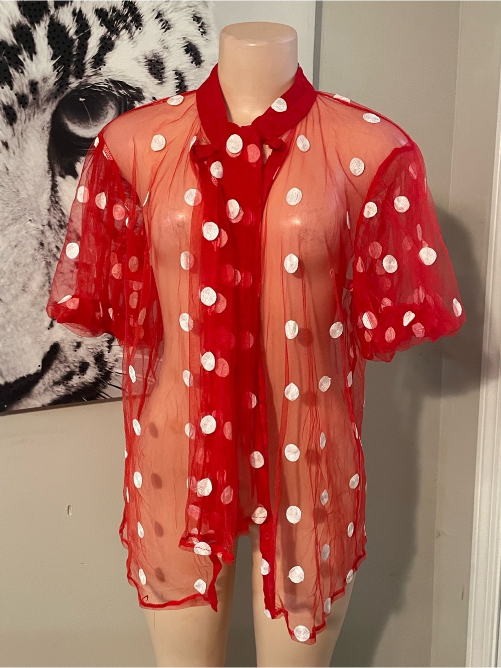 Sheer Vibrant Red Polka Dot Tie-Neck Blouse - Women puff sleeve statement 1X